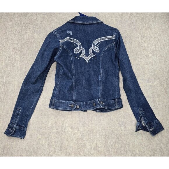 Rock 47 Womens Denim Jacket Dark Wash Embroidered Snap Closure Distressed Style - Picture 2 of 9